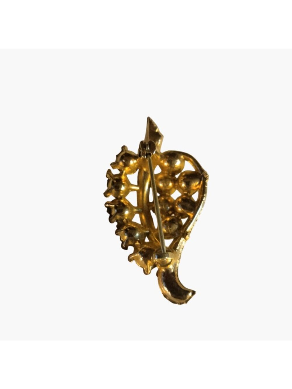 Rhinestone Pin Leaf Brooch Pink ClearCrystal Vintage Gold Tone - Picture 6 of 7